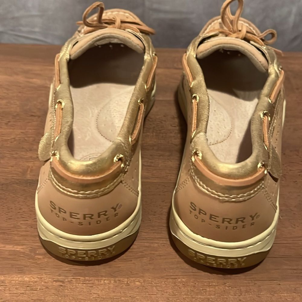 NWT Sperry Topsider Angelfish 1 Eye Boat Shoe tan and gold loafers size 7 - Picture 4 of 6